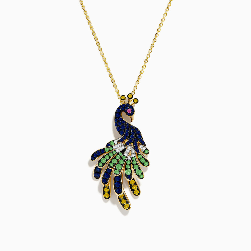 A 14K yellow gold necklace featuring the Safari Peacock Pendant, adorned with multi-color sapphires and diamonds arranged to resemble the bird’s feathers and body.