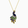 A 14K yellow gold necklace featuring the Safari Peacock Pendant, adorned with multi-color sapphires and diamonds arranged to resemble the bird’s feathers and body.