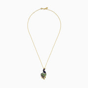 A 14K yellow gold necklace featuring the Safari Peacock Pendant, adorned with multi-color sapphires and diamonds arranged to resemble the bird’s feathers and body.