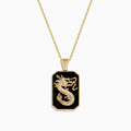 The Men’s 14K Yellow Gold White and Black Diamond Agate Dragon Dog Tag Pendant features an intricate gold dragon design with sparkling diamonds—an eye-catching statement piece for men’s jewelry collections.