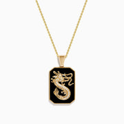 The Men’s 14K Yellow Gold White and Black Diamond Agate Dragon Dog Tag Pendant features an intricate gold dragon design with sparkling diamonds—an eye-catching statement piece for men’s jewelry collections.