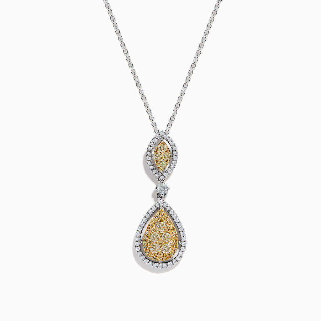 The Canare 14K Two Tone Gold Yellow and White Diamond Pendant features a silver chain with marquise and teardrop shapes set with yellow diamond clusters bordered by sparkling white diamonds.