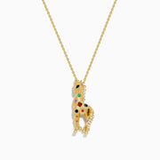 The Safari 14K Yellow Gold Multi Sapphire and Diamond Giraffe Pendant features colorful sapphires and diamonds on a gold giraffe, suspended from a delicate chain.