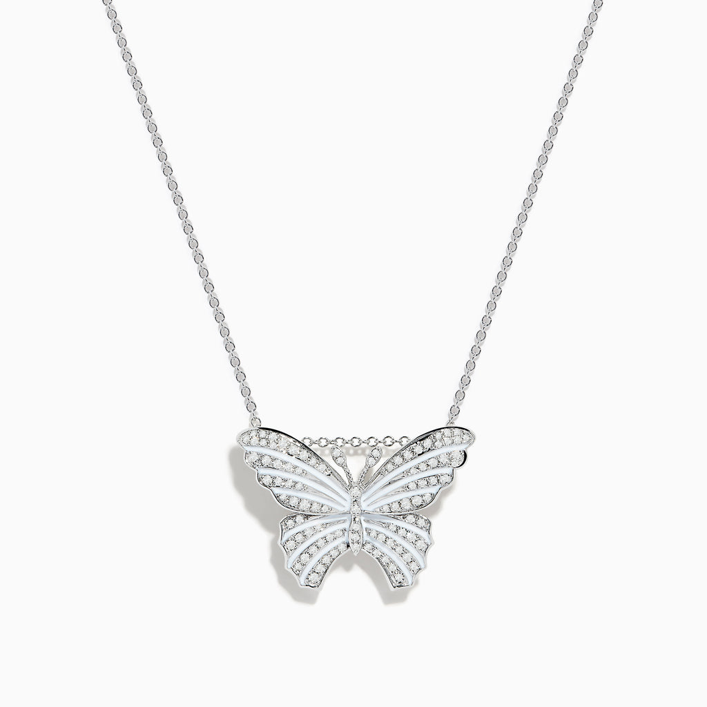 The Nature 14K White Gold Diamond and Enamel Butterfly Pendant features a silver butterfly design with sparkling diamonds, beautifully crafted in 14K white gold and displayed on a white background.