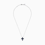 The Royale Bleu 14K White Gold Sapphire and Diamond Cross Pendant features deep blue sapphires and sparkling diamonds, elegantly displayed on a plain white background.