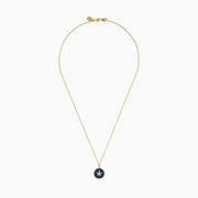 The Seaside 14K Yellow Gold Sapphire and Diamond Starfish Pendant features a round design accented with sapphire and diamond stones on a dark blue background.