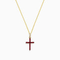 The Novelty 14K Yellow Gold Ruby and Diamond Cross Pendant features a vibrant ruby cross accented with red gemstones and a touch of clear diamonds at the top, all on a yellow gold chain necklace.