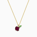Discover the Novelty 14K Yellow Gold Ruby, Tsavorite and Diamond Apple Pendant—an elegant chain necklace with an apple-shaped pendant accented by vivid rubies, sparkling diamonds, and a green tsavorite leaf.