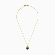 The 14K Yellow Gold Diamond and Enamel Scallop Shell Pendant features blue and green enamel with sparkling diamond accents, offering an elegant touch in a timeless scallop shell design.
