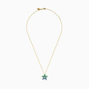 The 14K Yellow Gold Diamond and Enamel Starfish Pendant features green and blue enamel sections on each arm, accented by white diamonds, hanging from a yellow gold chain against a plain white background.
