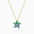 The 14K Yellow Gold Diamond and Enamel Starfish Pendant features green and blue enamel sections on each arm, accented by white diamonds, hanging from a yellow gold chain against a plain white background.