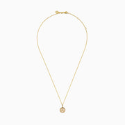 The 14K Yellow Gold Diamond Star of David Pendant features a round pendant adorned with sparkling diamonds, hanging from a delicate gold chain and showcased against a white background.
