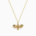 The Watercolors 14K Yellow Gold Multi Sapphire and Diamond Bee Pendant features a bee-shaped design with colorful sapphires on the wings and diamonds on the body, shown against a plain white background.