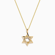 Novelty 14K Yellow Gold Star of David Diamond Pendant displayed on a gold chain, featuring sparkling diamonds set along the edges of the star, shown against a plain white background.