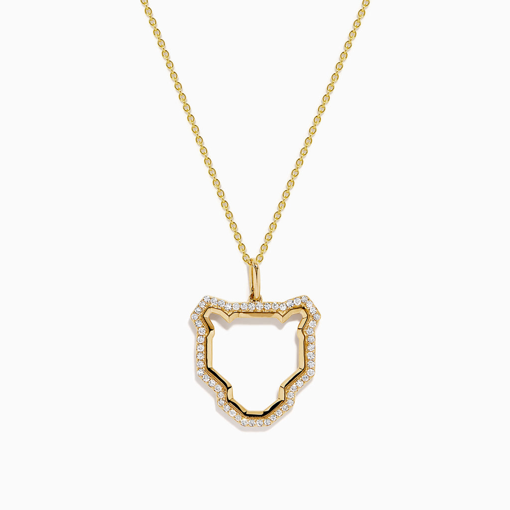 The Signature 14K Yellow Gold Diamond Panther Silhouette Pendant features a minimalist open panther design on a chain, accented with small white gemstones along the edges.