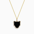 The Signature 14K Yellow Gold Black Agate and Diamond Panther Pendant features a large, irregular black agate bordered with small diamonds, evoking a stylized panther head, shown on a white background.