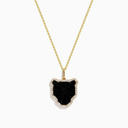The Signature 14K Yellow Gold Black Agate and Diamond Panther Pendant features a large, irregular black agate bordered with small diamonds, evoking a stylized panther head, shown on a white background.