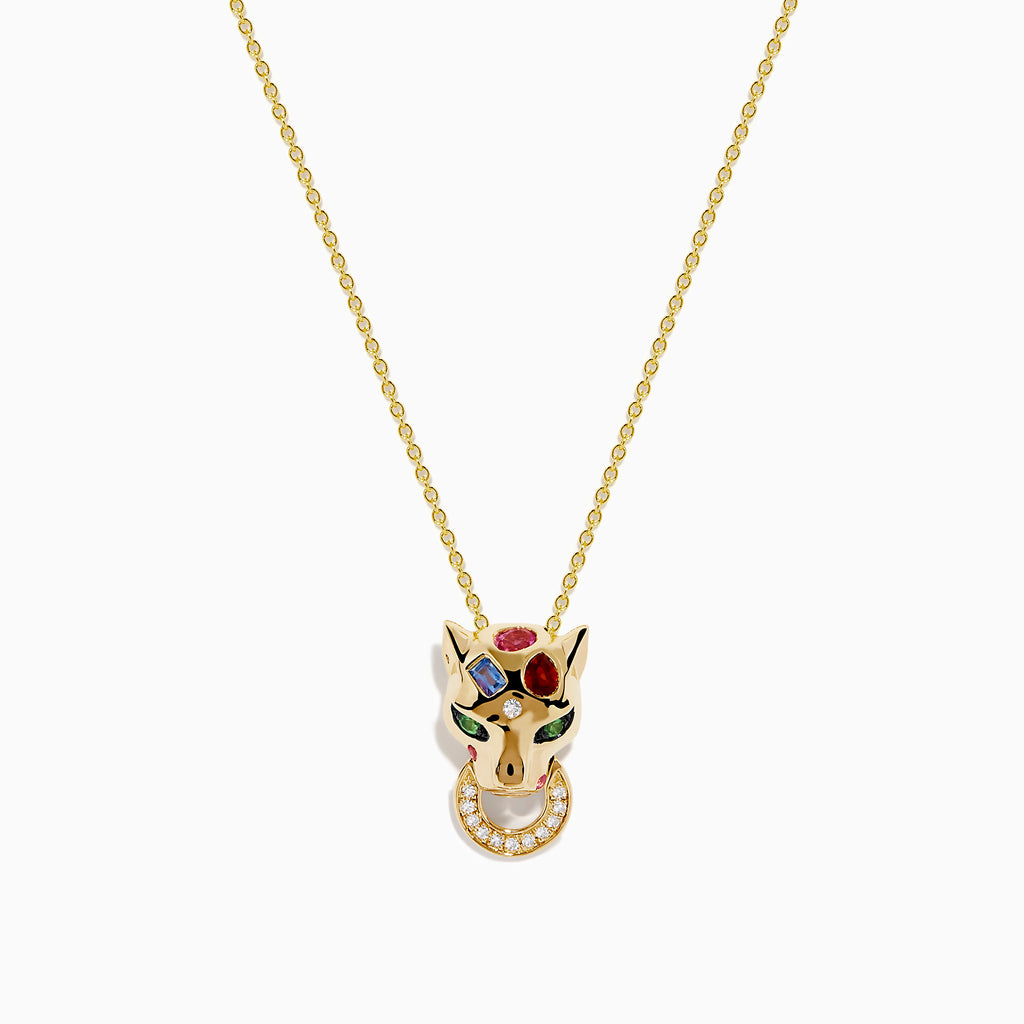 The Signature 14K Yellow Gold Multi Sapphire and Diamond Panther Pendant features a diamond panther with colorful sapphire accents and a circular ring set with small clear stones held in its mouth.
