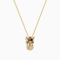The Signature 14K Yellow Gold Multi Sapphire and Diamond Panther Pendant features a diamond panther with colorful sapphire accents and a circular ring set with small clear stones held in its mouth.