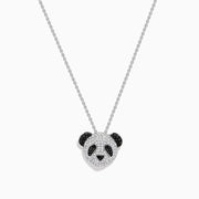 The Safari 14K White Gold Black and White Diamond Panda Pendant showcases a panda’s face adorned with sparkling black and white diamonds, highlighting its charming features.