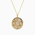 The D'Oro 14K Yellow Gold Geometric Diamond Pendant features a round yellow gold design with a hexagon diamond pattern, suspended from a delicate gold chain and shown on a white background.