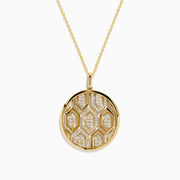 The D'Oro 14K Yellow Gold Geometric Diamond Pendant features a round yellow gold design with a hexagon diamond pattern, suspended from a delicate gold chain and shown on a white background.