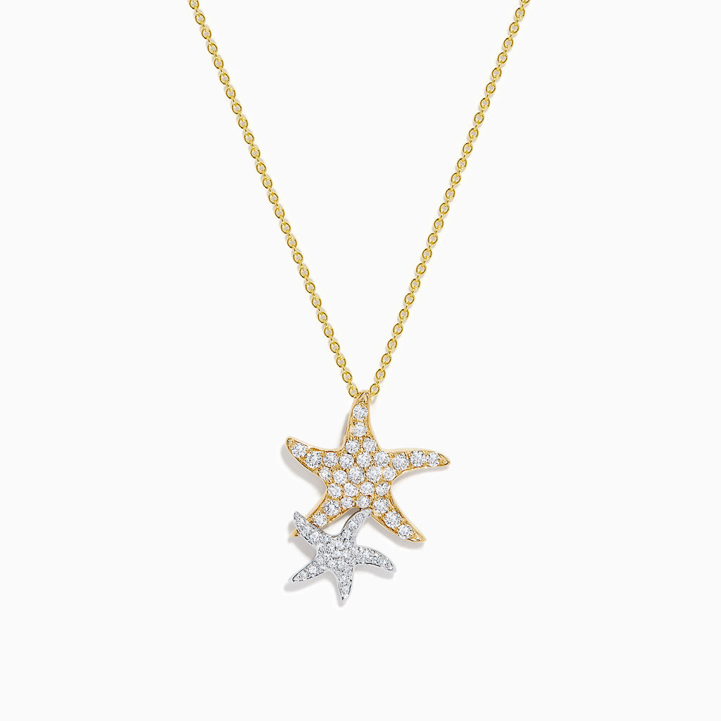 The 14K Two-Tone Gold Diamond Double Starfish Duo Pendant features a gold starfish with sparkling diamonds alongside a silver diamond starfish, creating an elegant, layered necklace look.