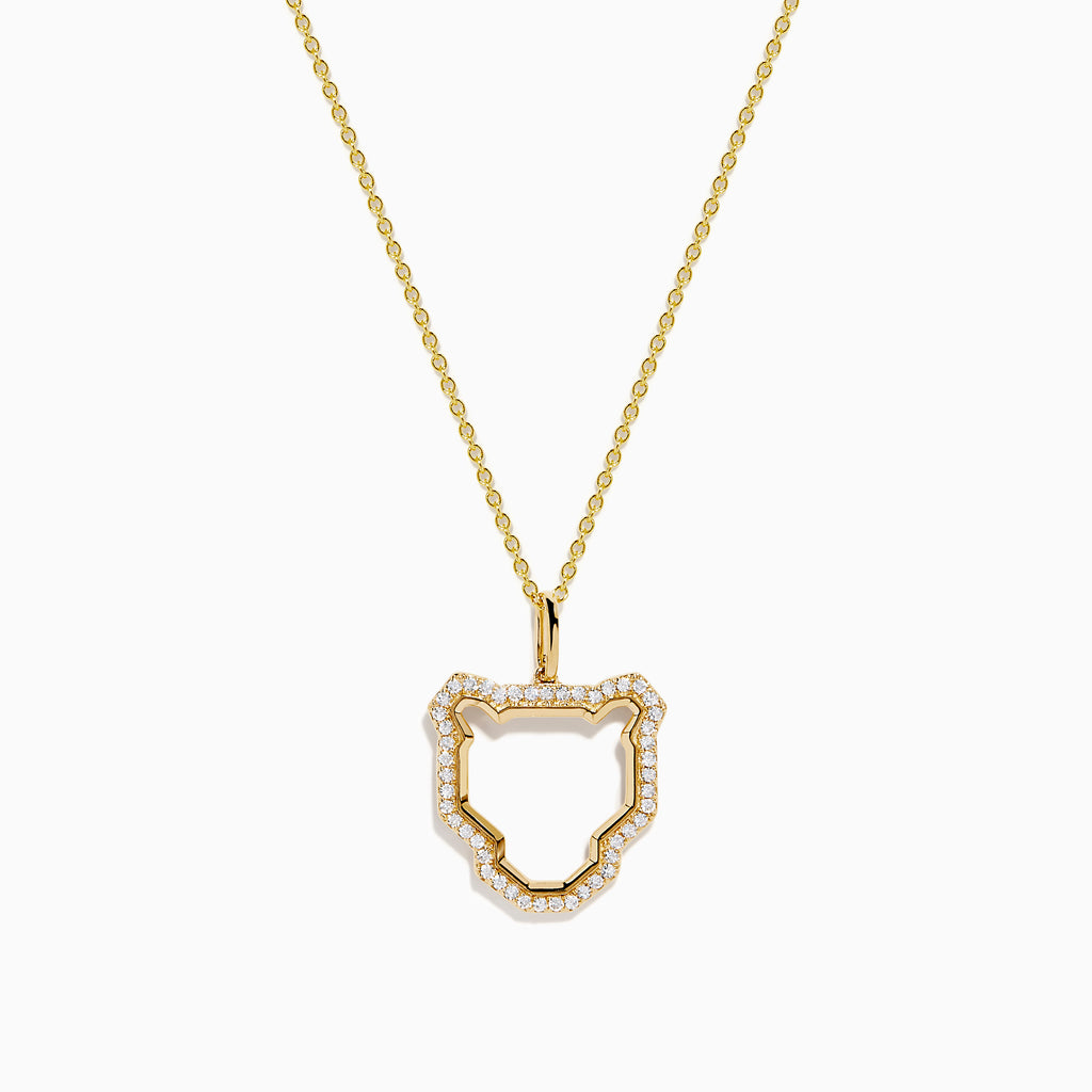 The Signature 14K Yellow Gold Diamond Sculpted Panther Outline Pendant features a panther-shaped pendant with diamond accents along the edges, suspended from a delicate gold chain.