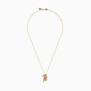 The 14K Yellow Gold Pink Sapphire and Diamond Pave Toucan Pendant features a parrot-shaped toucan with pink sapphire, diamond accents, a gold beak and claws, all on a fine yellow gold chain.