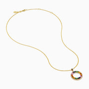 The Watercolors 14K Yellow Gold Multi Sapphire and Diamond Circle Pendant features a vibrant rainbow of rectangular sapphires and sparkling diamonds in a circular design.