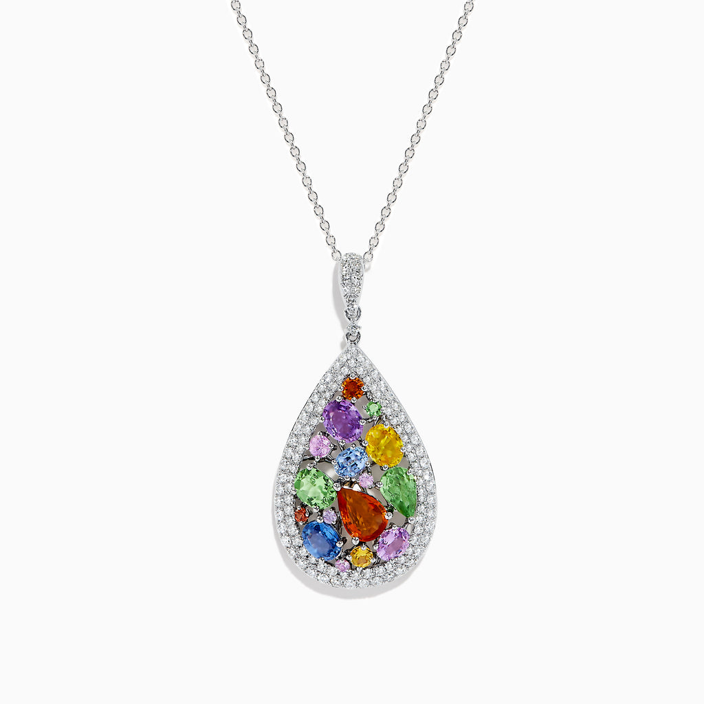 The Watercolors 14K White Gold Multi Sapphire Diamond Pendant features a teardrop design with multi sapphires and diamonds, hanging from a delicate silver chain, photographed on a white background.
