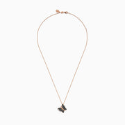 The Bella Bleu 14K Rose Gold White and Blue Diamond Butterfly Pendant necklace features a butterfly pendant with white and blue diamonds and small clear crystals, shown on a white background.