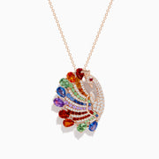 The Safari 14K Rose Gold Multi Sapphire and Diamond Peacock Pendant features a peacock design with white diamonds and multi-colored sapphires in red, green, blue, orange, and purple on the feathers.