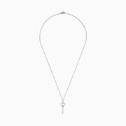 The Novelty 925 Sterling Silver Diamond Key Pendant features a sparkling diamond-encrusted key design on a delicate chain, making it an elegant and eye-catching piece of jewelry.