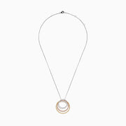 The 18K Gold Pink, Yellow and White Diamond Circles Pendant features three interlocking rings in tri-color gold with pink, yellow, and white diamonds on a silver chain against a white background.