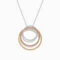 The 18K Gold Pink, Yellow and White Diamond Circles Pendant features three interlocking rings in tri-color gold with pink, yellow, and white diamonds on a silver chain against a white background.