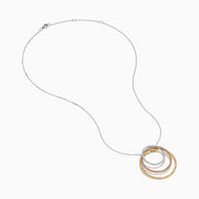 The 18K Gold Pink, Yellow and White Diamond Circles Pendant features three interlocking rings in tri-color gold with pink, yellow, and white diamonds on a silver chain against a white background.
