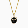 The Mens 14K Yellow Gold Onyx Panther Pendant features a geometric black and gold design, elegantly displayed on a yellow gold chain against a white background.