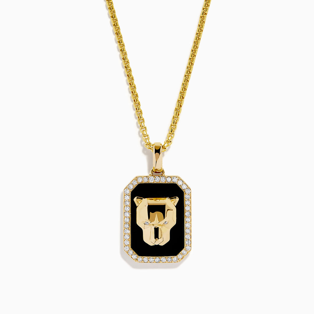 The Men's 14K Yellow Gold Onyx and Diamond Panther Dog Tag Pendant features a rectangular onyx accented with diamonds and a gold panther head set against a black background.