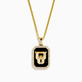 The Men's 14K Yellow Gold Onyx and Diamond Panther Dog Tag Pendant features a rectangular onyx accented with diamonds and a gold panther head set against a black background.