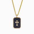 Mens 14K Yellow Gold Cross Pendant featuring a raised cross design accented with black sapphires and sparkling diamonds.