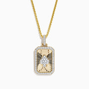 The Casino Mens 14K Yellow Gold Diamond Spade Suit Pendant features a rectangular charm with a diamond spade symbol, surrounded by small diamonds and a sunburst pattern—an elegant piece from Effy’s Casino collection.