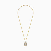 The Casino Mens 14K Yellow Gold Diamond Spade Suit Pendant features a rectangular charm with a diamond spade symbol, surrounded by small diamonds and a sunburst pattern—an elegant piece from Effy’s Casino collection.