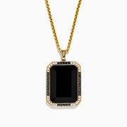 The Eclipse Mens 14K Yellow Gold Onyx Pendant features a large rectangular black onyx bordered with black and white stones, shown against a white background.