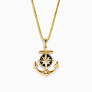 A Men's 14K yellow gold anchor pendant with black and white diamonds, displayed on a white background.