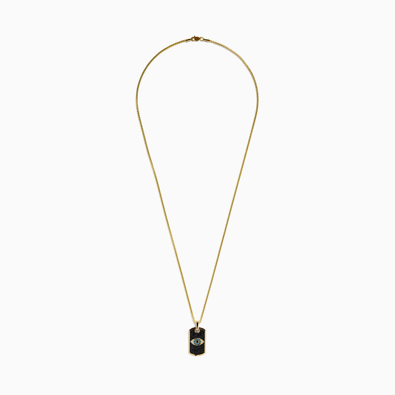 Men's 14K yellow gold dog tag pendant with blue, white, and diamond evil eye design.