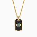 Men's 14K yellow gold dog tag pendant with blue, white, and diamond evil eye design.