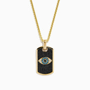 Men's 14K yellow gold dog tag pendant with blue, white, and diamond evil eye design.