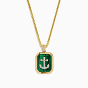 The Men's 14K Yellow Gold Malachite and Diamond Anchor Dog Tag Pendant features a rectangular malachite centerpiece and sparkling diamond accents in a stylish anchor dog tag design.