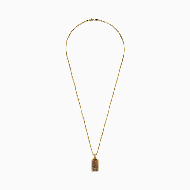 The Men's 14K Yellow Gold Brown Diamond Dog Tag Pendant features rows of small round brown diamonds set in a precise grid on a rectangular yellow gold dog tag.